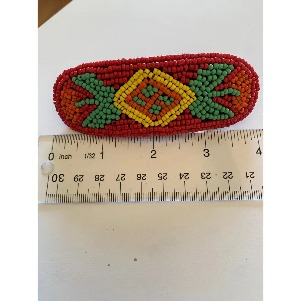 Vintage Seed Bead Hair Barrette Red Green Yellow Geometric Boho French Clip
